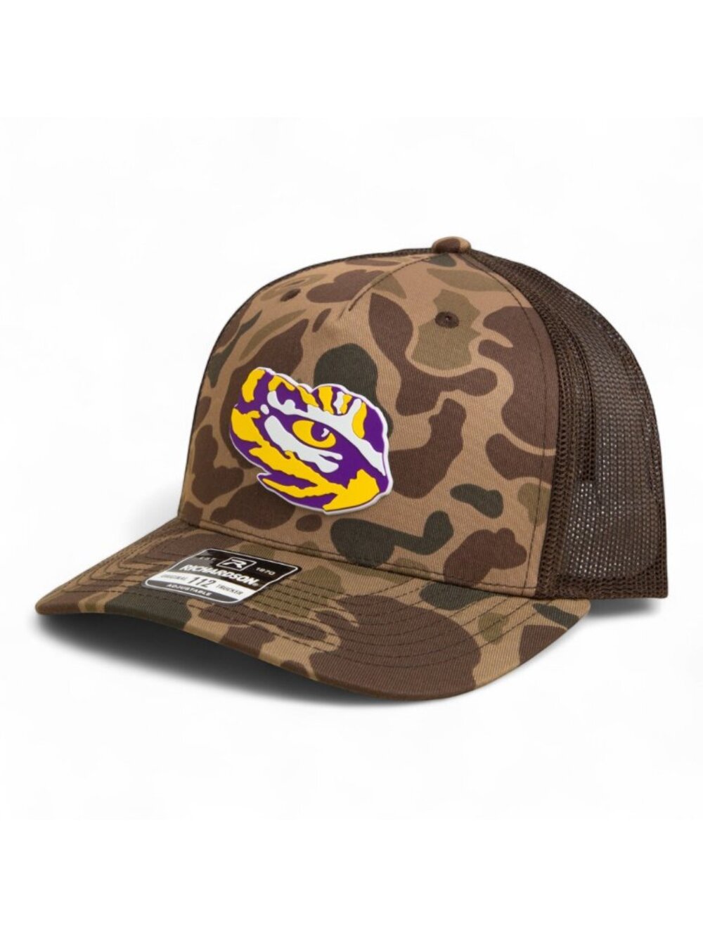LSU Tiger Eye 3D Snapback Trucker Hat- Bark Duck Camo/ Brown
